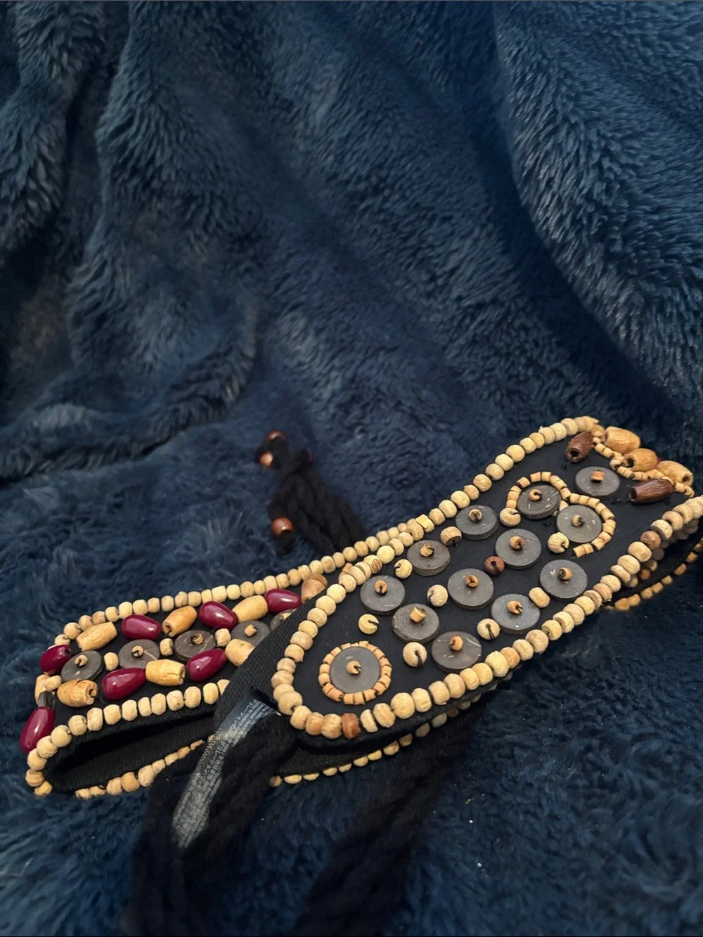 Beaded Boho Cuff Bracelet with Burgundy and Natural Wood Accents